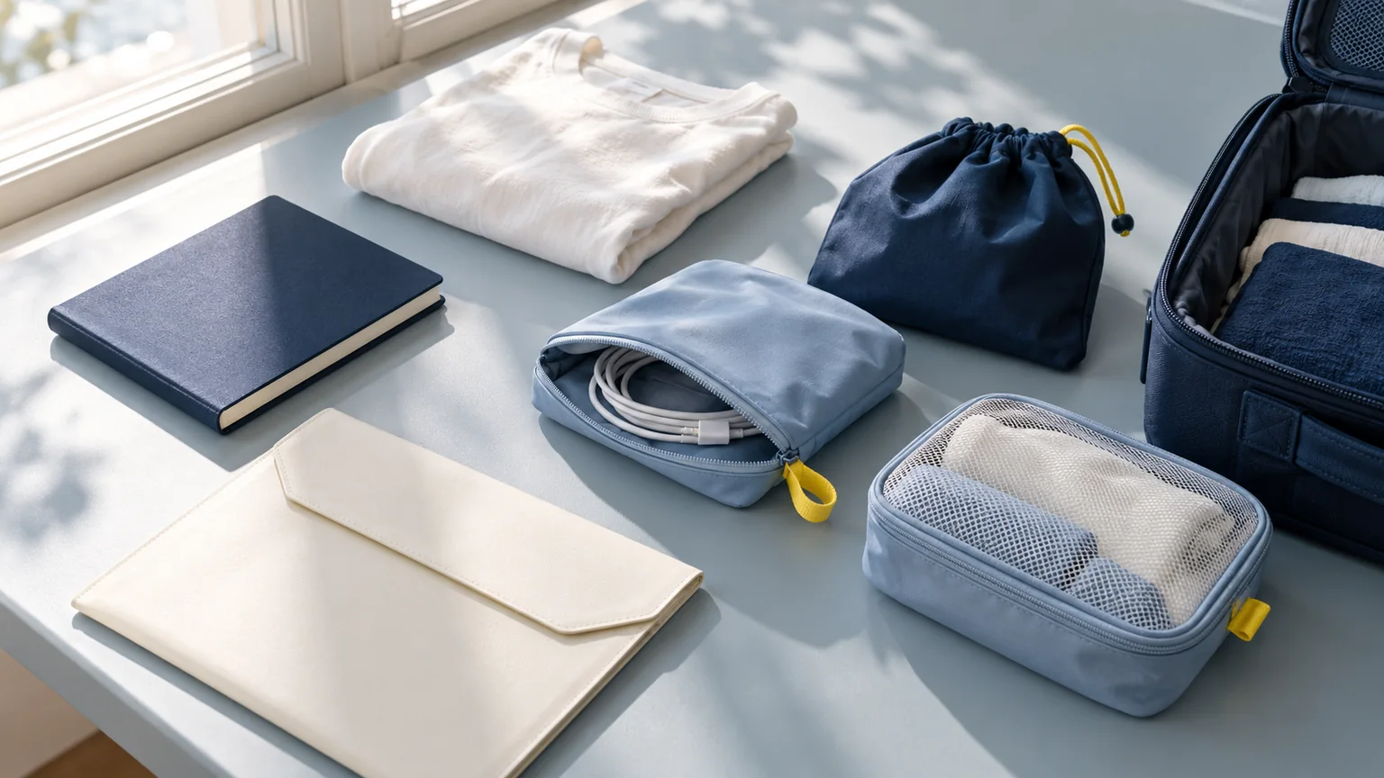 Préparation de pochettes textiles, d’un carnet et d’un passeport fermé sur une table claire aux accents bleu nuit.