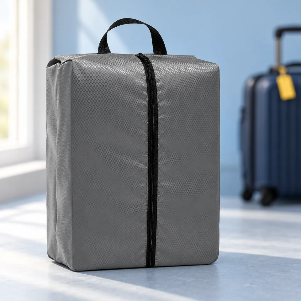 AffeGifts — sac à chaussures double face de AffeGifts, mise en situation dans un univers de voyage bleu-gris