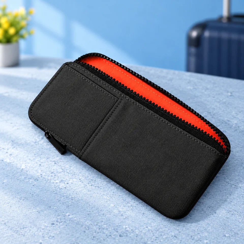 ALPAKA — portefeuille Zip Travel Wallet de ALPAKA, mise en situation dans un univers de voyage bleu-gris