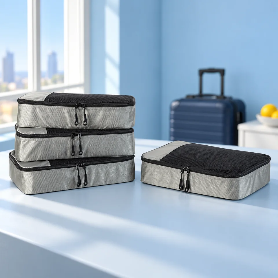 Amazon Essentials — quatre cubes taille M gris de Amazon Essentials, mise en situation dans un univers de voyage bleu-gris