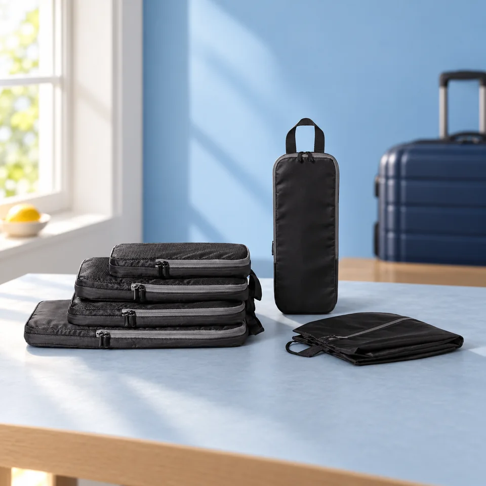 Amazon Essentials — six cubes à compression noirs de Amazon Essentials, mise en situation dans un univers de voyage bleu-gris