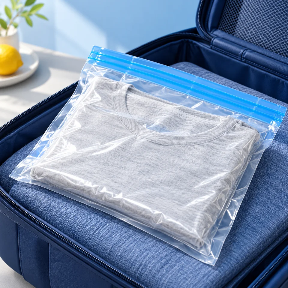 AMSOXDSR — douze sacs à rouler en trois tailles de AMSOXDSR, mise en situation dans un univers de voyage bleu-gris
