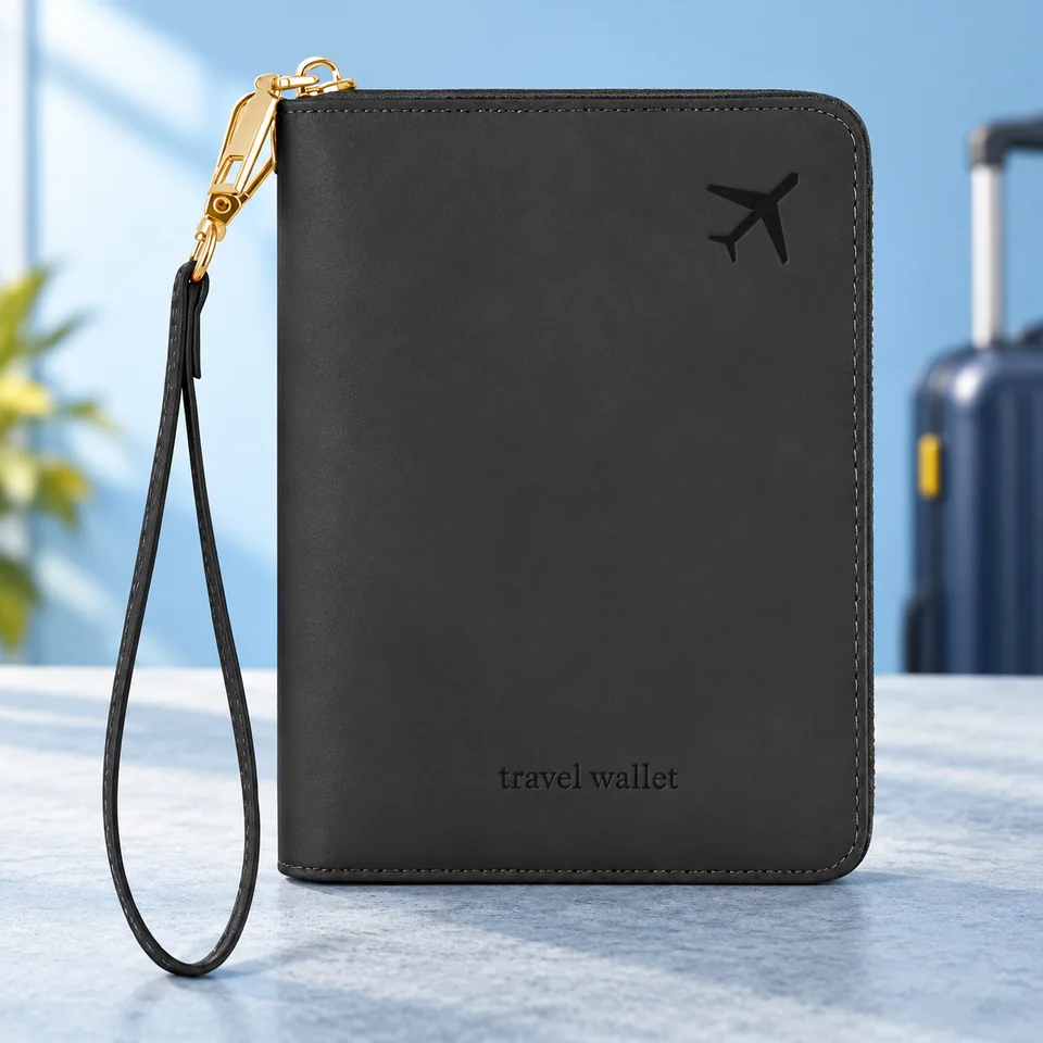 AOOSU — portefeuille passeport zippé avec dragonne de AOOSU, mise en situation dans un univers de voyage bleu-gris