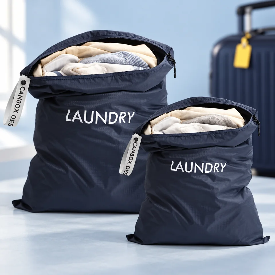 Asnews — deux sacs à linge pliables en nylon de Asnews, mise en situation dans un univers de voyage bleu-gris