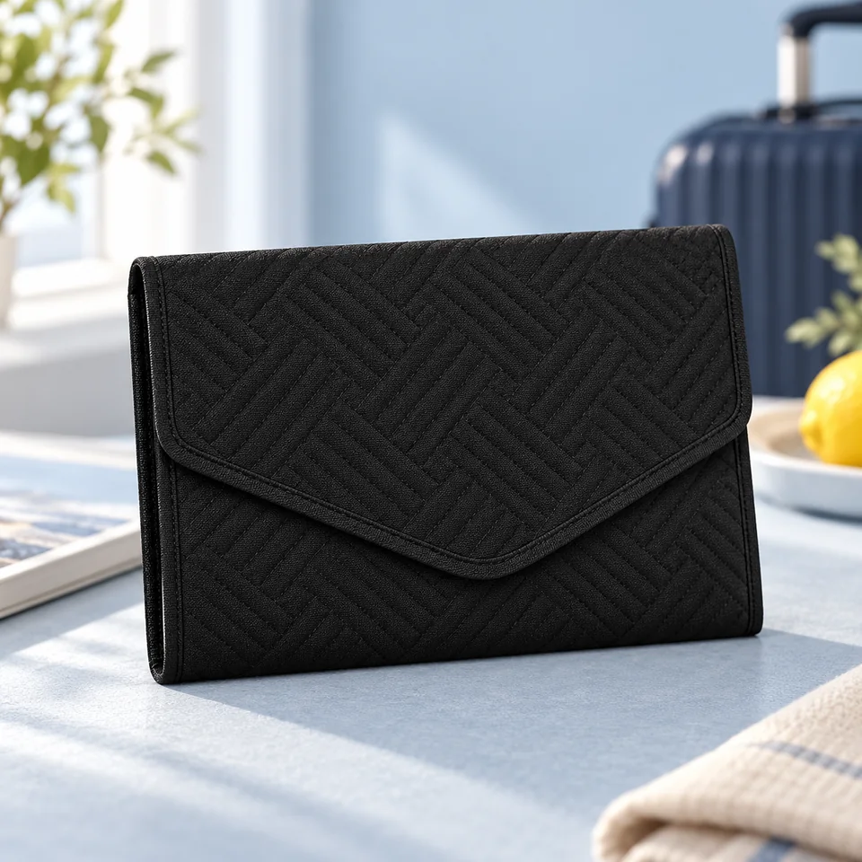 Aucuu — pochette à bijoux pliable noire de Aucuu, mise en situation dans un univers de voyage bleu-gris