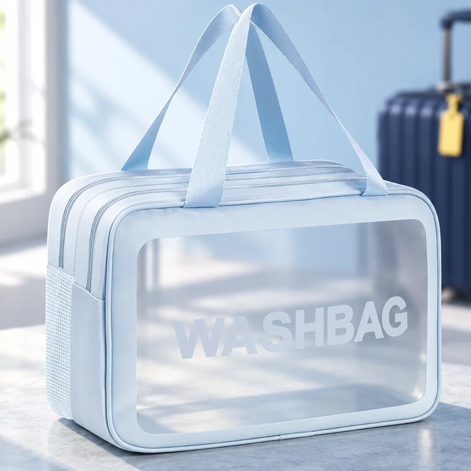 Aucuu — trousse transparente à double compartiment de Aucuu, mise en situation dans un univers de voyage bleu-gris