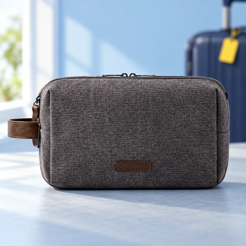 BAGSMART — trousse M à double fermeture éclair de bagsmart, mise en situation dans un univers de voyage bleu-gris