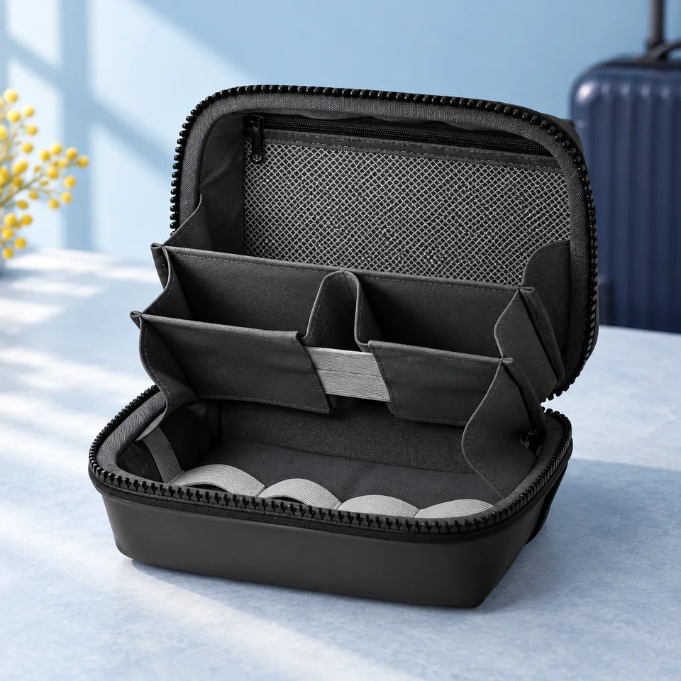 Belkin — trousse pour câbles et accessoires mobiles de Belkin, mise en situation dans un univers de voyage bleu-gris