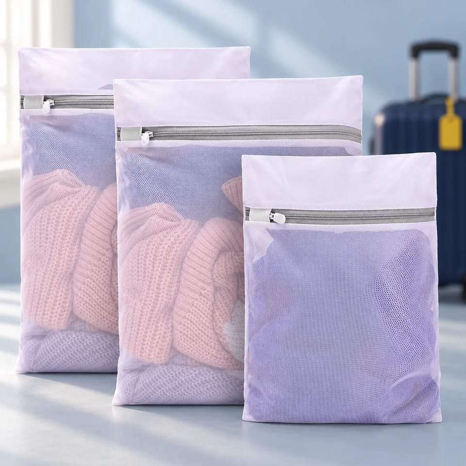 BoxLegend — trois filets à linge zippés de BoxLegend, mise en situation dans un univers de voyage bleu-gris