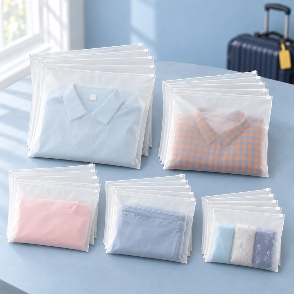Carehabi — vingt-cinq pochettes zippées de voyage de Carehabi, mise en situation dans un univers de voyage bleu-gris