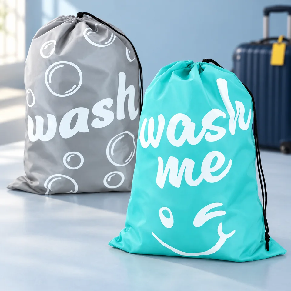COM-FOUR — deux sacs à linge à cordon de com-four, mise en situation dans un univers de voyage bleu-gris