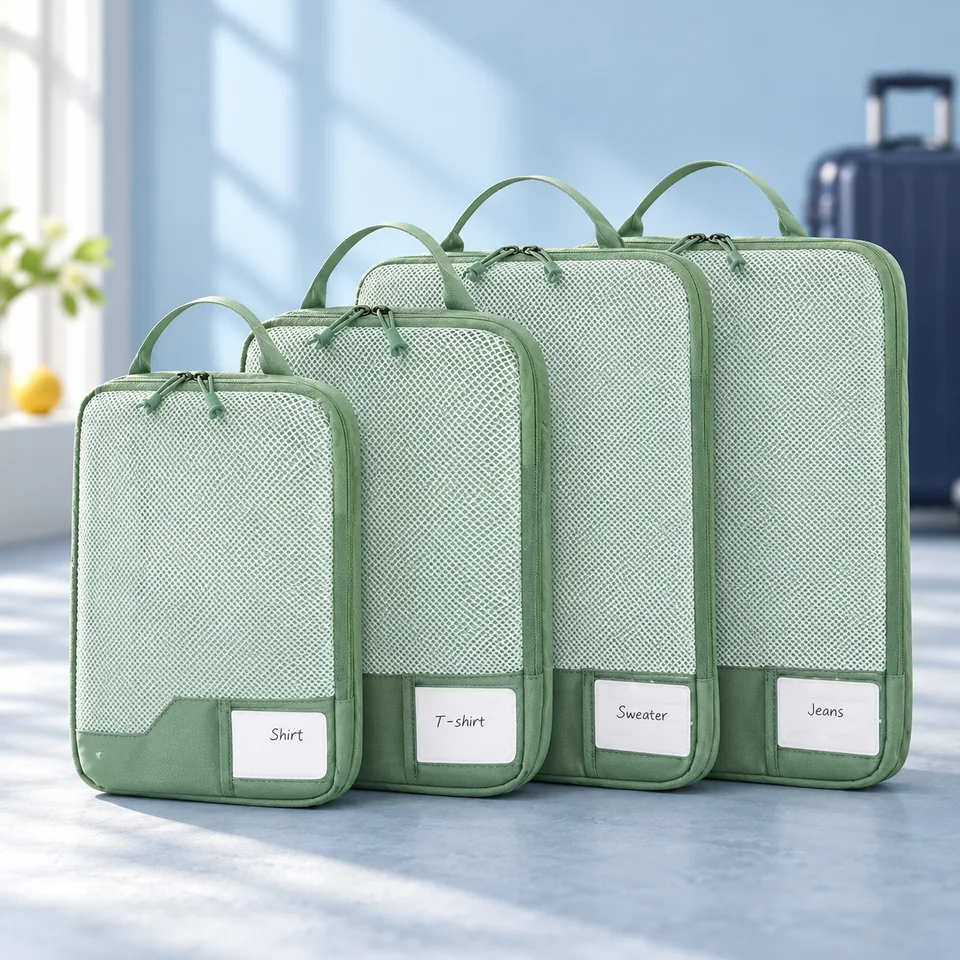 ECOHUB — quatre cubes à compression avec porte-étiquettes de ECOHUB, mise en situation dans un univers de voyage bleu-gris