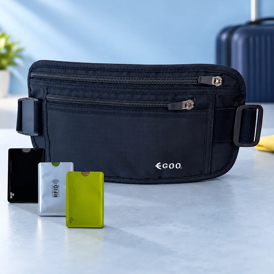 EGOO — ceinture de voyage à sangle élastique de Egoo, mise en situation dans un univers de voyage bleu-gris