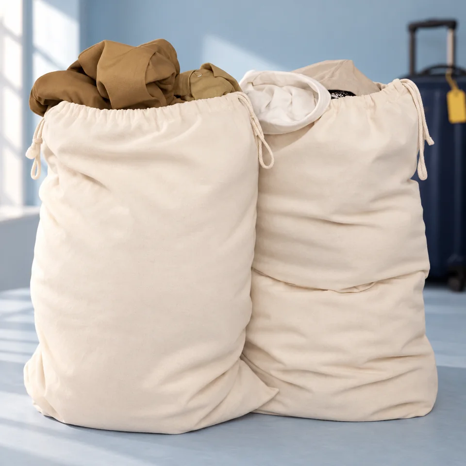 ELES VIDA — deux grands sacs à linge en coton de ELES VIDA, mise en situation dans un univers de voyage bleu-gris
