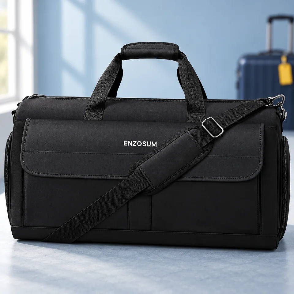 ENZOSUM — housse convertible avec compartiment chaussures de ENZOSUM, mise en situation dans un univers de voyage bleu-gris