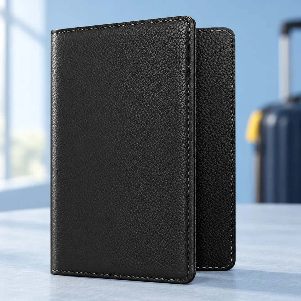 FINTIE — protège-passeport noir avec emplacements cartes de FINTIE, mise en situation dans un univers de voyage bleu-gris