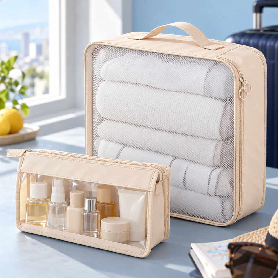 Gemtte — dix-huit organisateurs de voyage beiges de Gemtte, mise en situation dans un univers de voyage bleu-gris