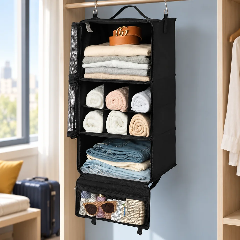 GRANNY SAYS — organisateur de valise suspendu noir de GRANNY SAYS, mise en situation dans un univers de voyage bleu-gris