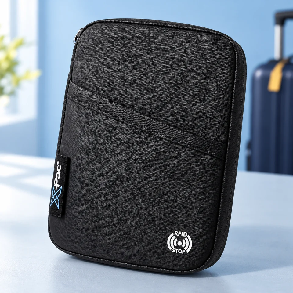 HK — portefeuille de voyage X-PAC VX21 noir de hk, mise en situation dans un univers de voyage bleu-gris