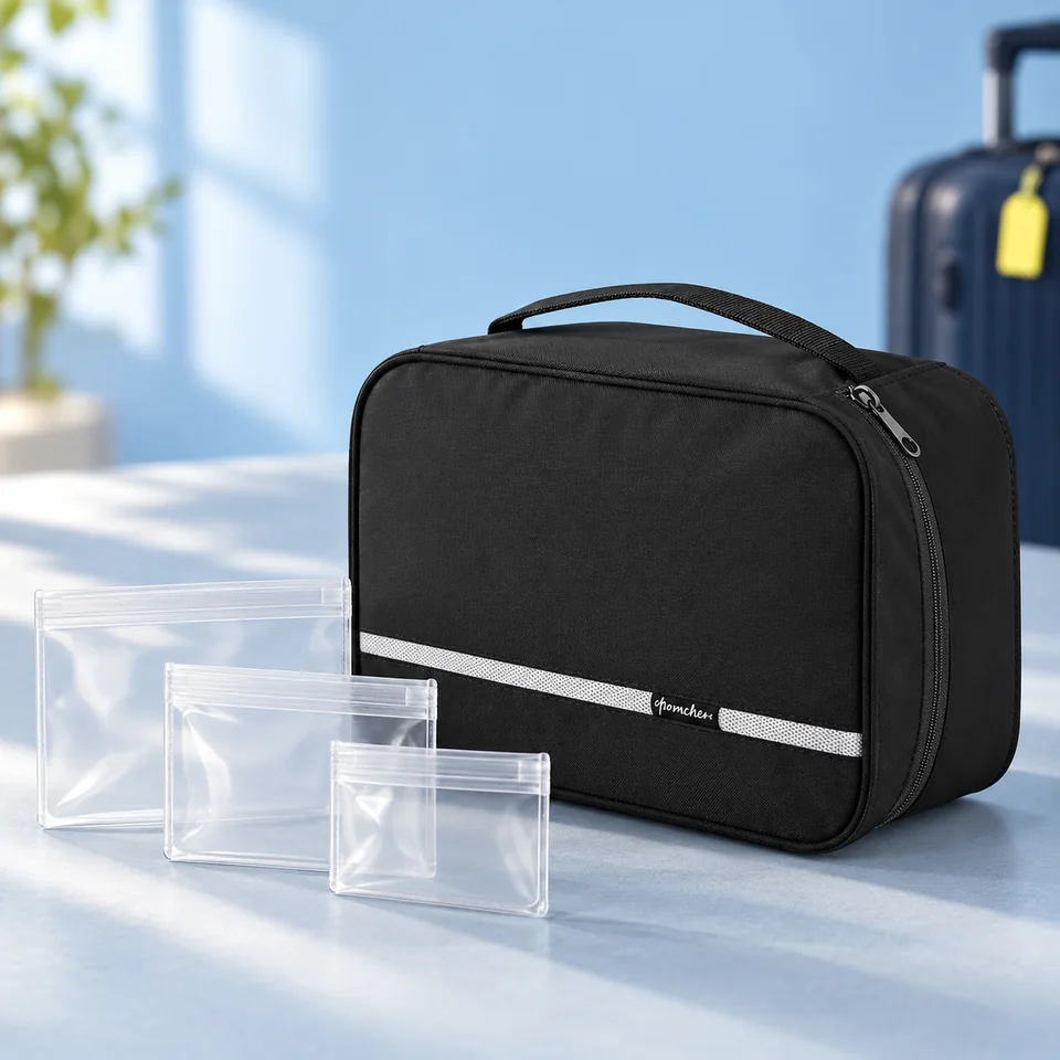 homchen — trousse suspendue à quatre compartiments de homchen, mise en situation dans un univers de voyage bleu-gris
