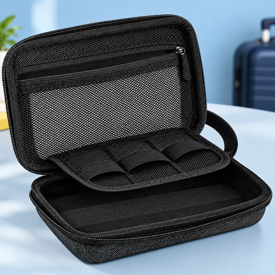 JETech — étui pour accessoires électroniques de voyage de JETech, mise en situation dans un univers de voyage bleu-gris