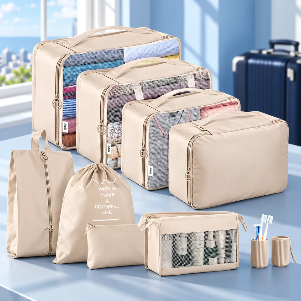 Jsdoin — neuf organisateurs pour la valise de Jsdoin, mise en situation dans un univers de voyage bleu-gris