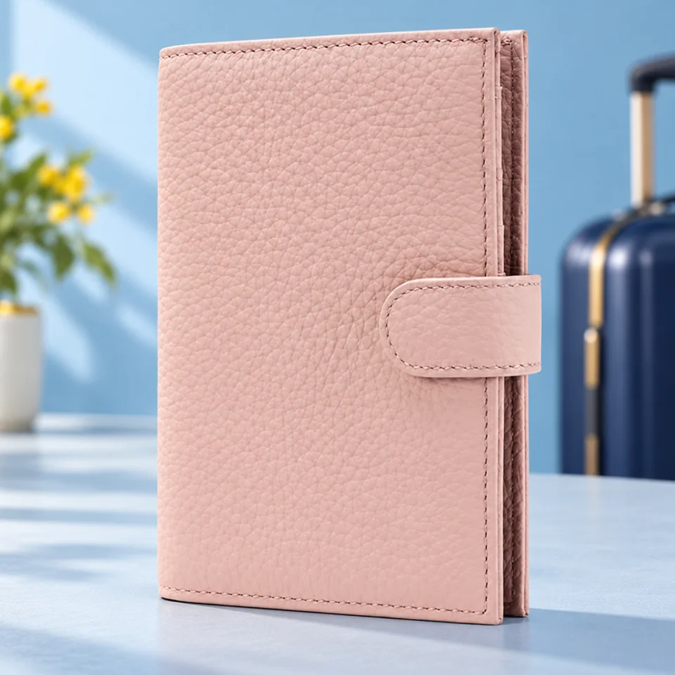 Karmiir — porte-passeport rose clair à poches de Karmiir, mise en situation dans un univers de voyage bleu-gris