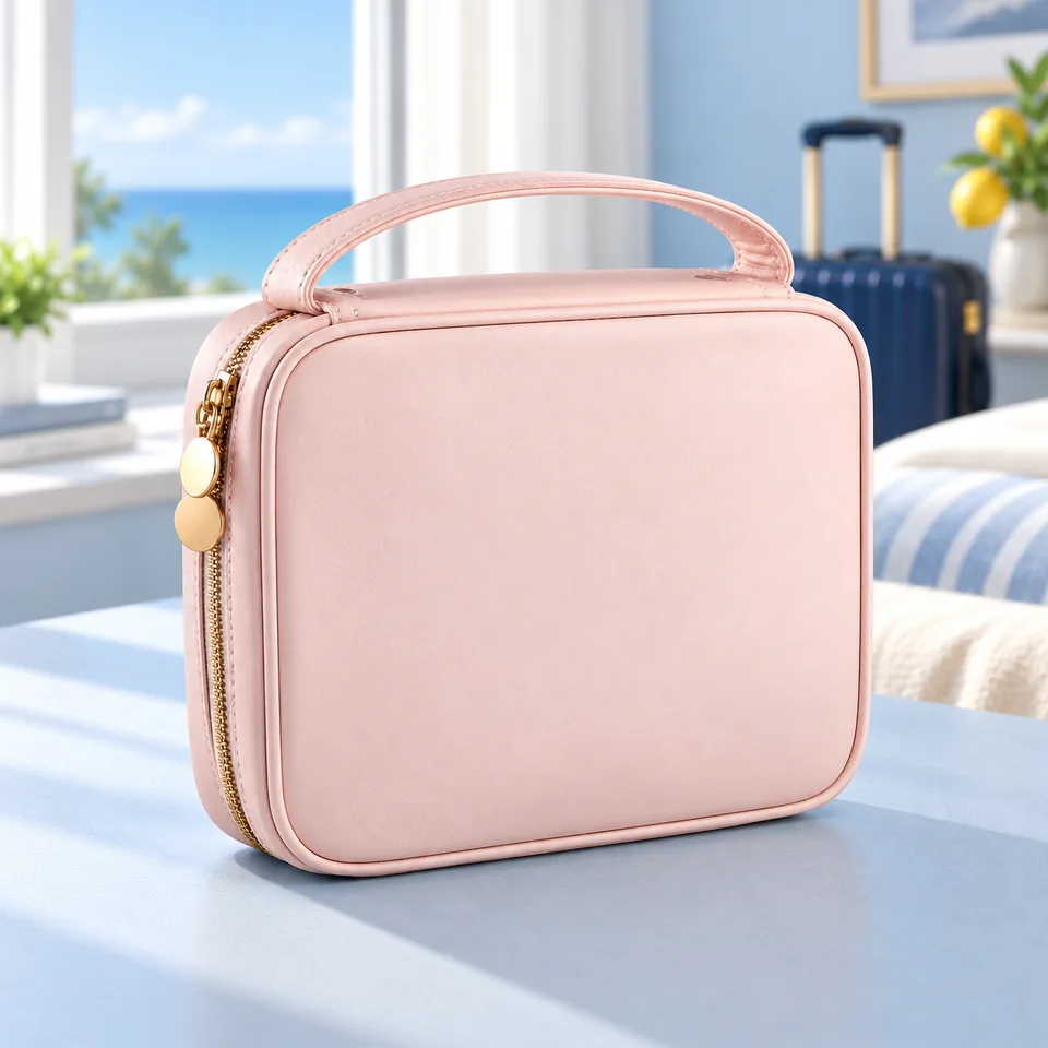 Lolalet — boîte à bijoux M rose à pochettes amovibles de Lolalet, mise en situation dans un univers de voyage bleu-gris