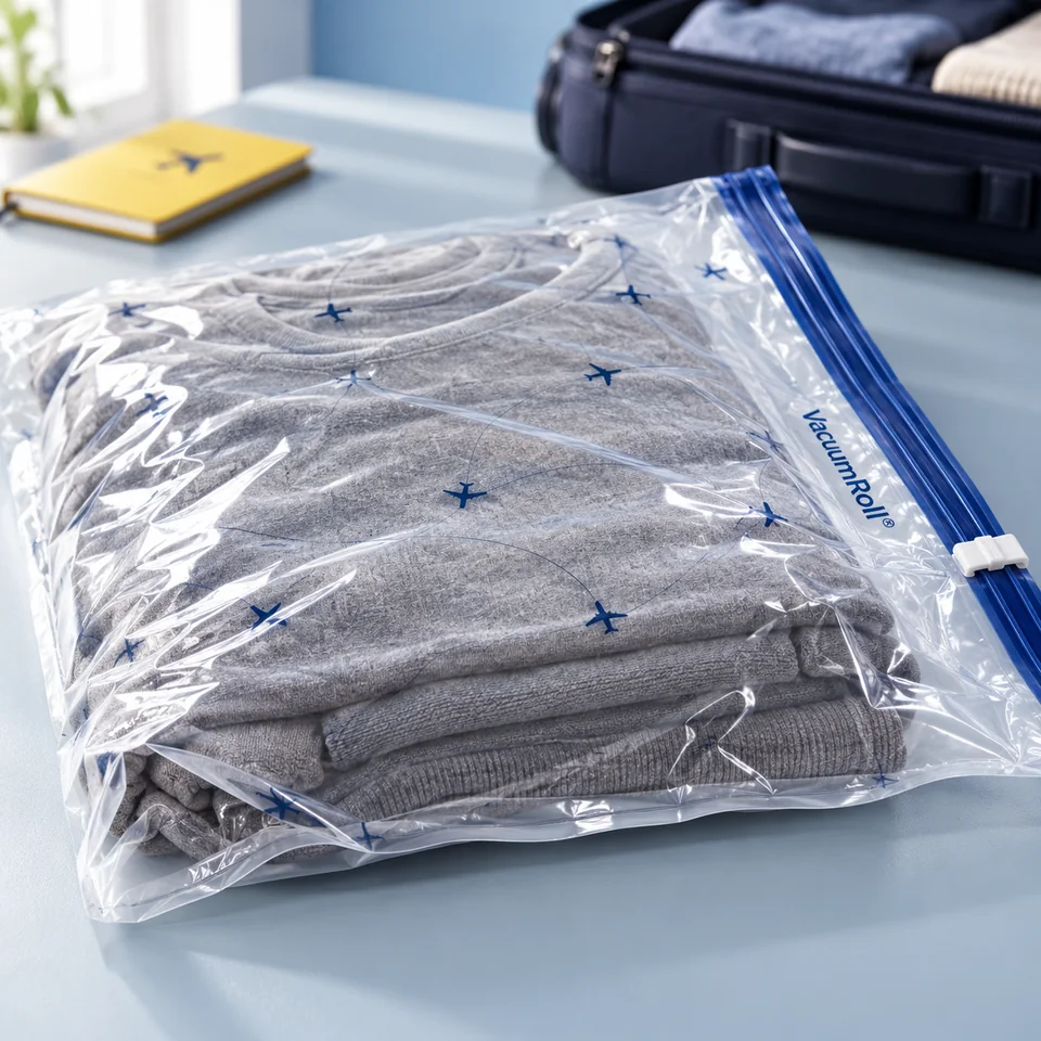myHodo — quatorze housses de compression de voyage de myHodo, mise en situation dans un univers de voyage bleu-gris