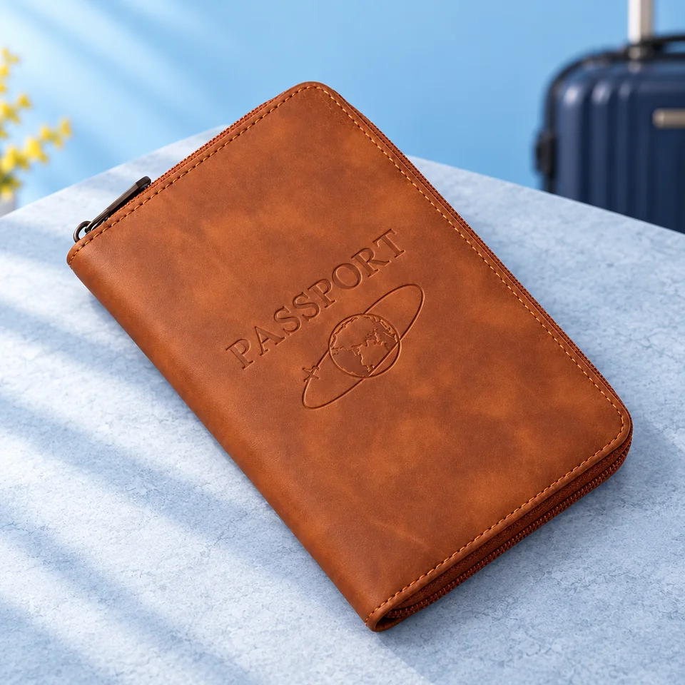 NCEJNY — pochette passeport marron zippée de NCEJNY, mise en situation dans un univers de voyage bleu-gris