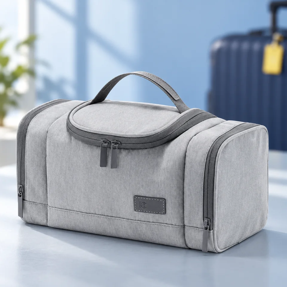 Outplea — petite trousse de toilette grise à poignée de Outplea, mise en situation dans un univers de voyage bleu-gris