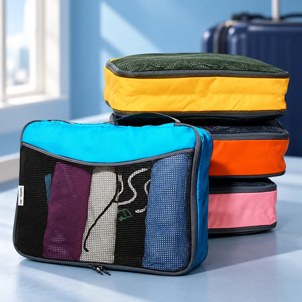 OW-Travel — quatre cubes de quatre couleurs de OW-Travel, mise en situation dans un univers de voyage bleu-gris