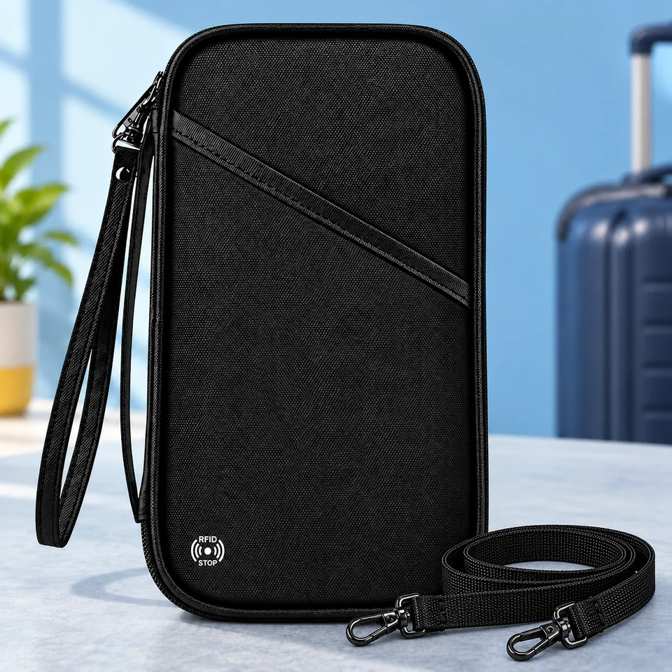 P Travel — pochette familiale noire à fermeture éclair de P TRAVEL · DESIGN, mise en situation dans un univers de voyage bleu-gris