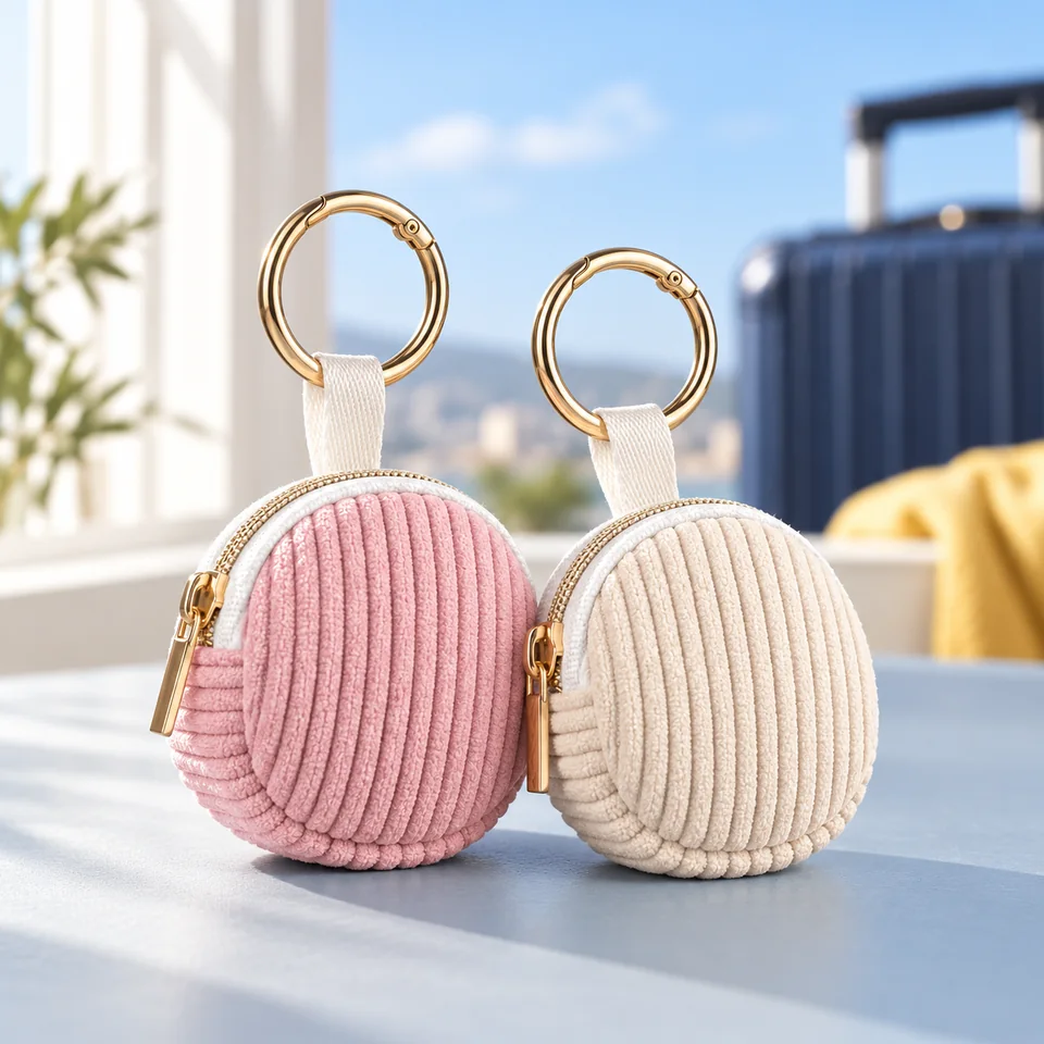 Playexen — deux mini-pochettes à bijoux rose et beige de Playexen, mise en situation dans un univers de voyage bleu-gris