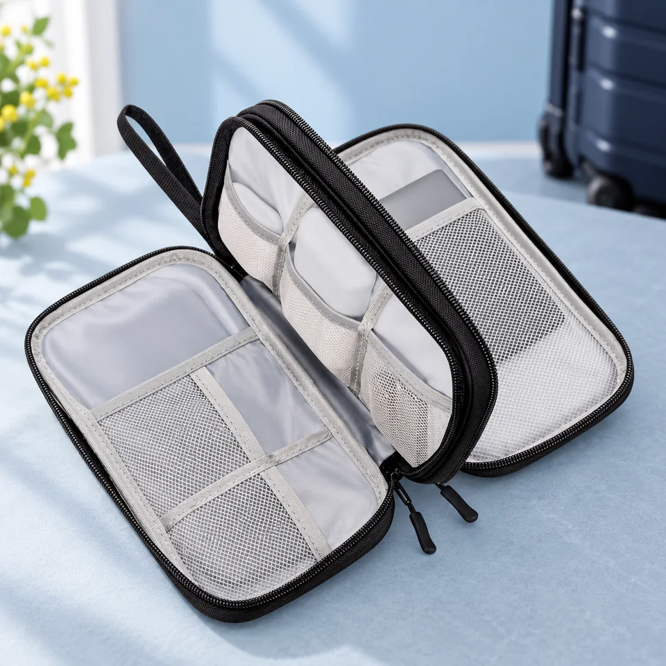 ProCase — pochette électronique noire compartimentée de ProCase, mise en situation dans un univers de voyage bleu-gris
