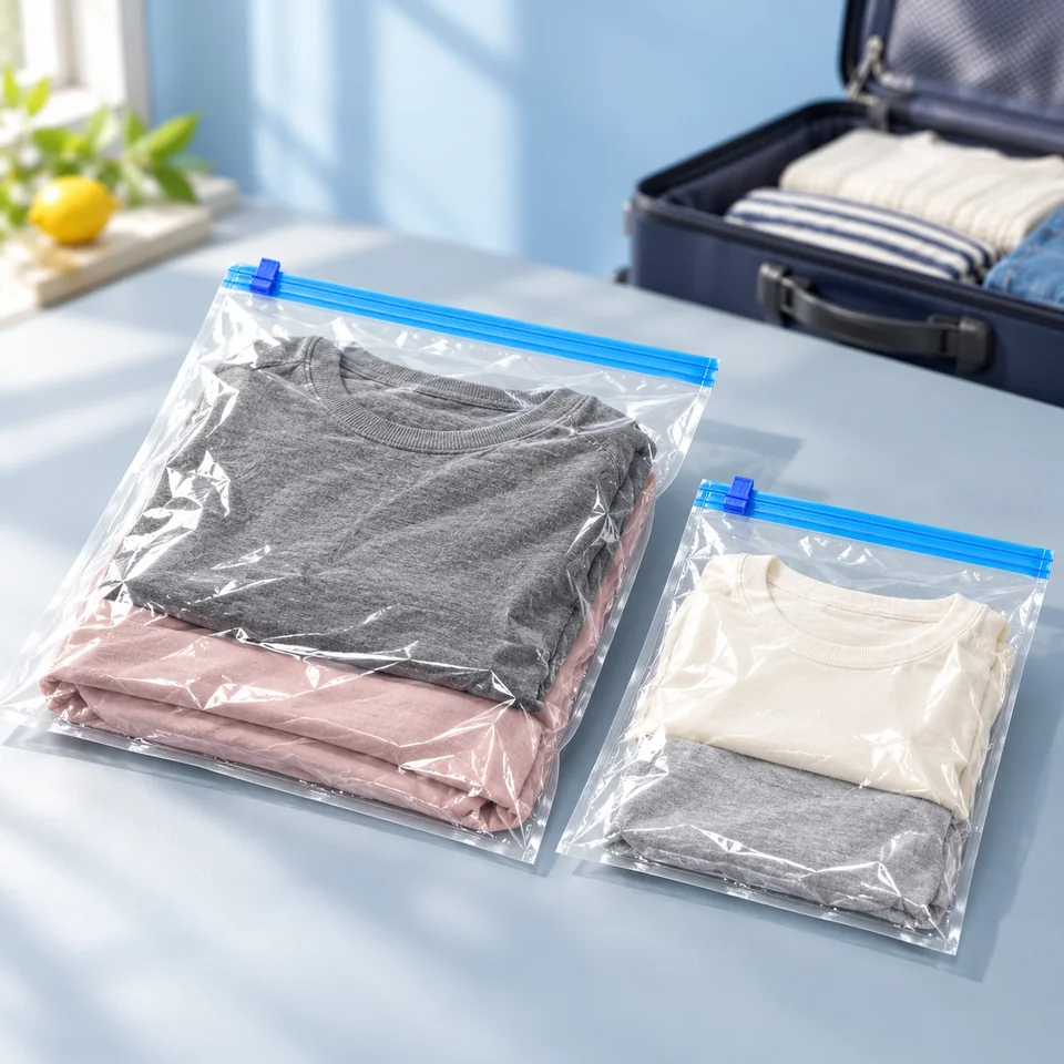 PUWOWYE — douze sacs à rouler en deux tailles de PUWOWYE, mise en situation dans un univers de voyage bleu-gris