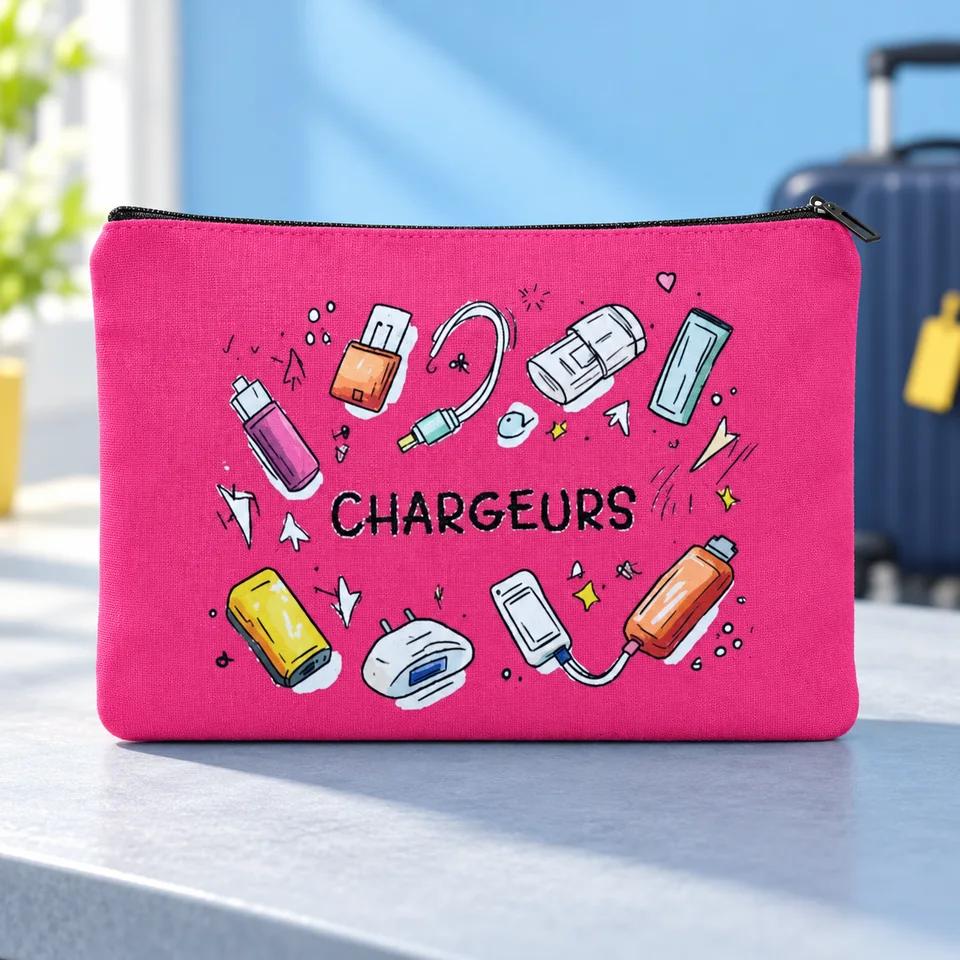 ShiQiao Spl — pochette en toile rose pour chargeurs de ShiQiao Spl, mise en situation dans un univers de voyage bleu-gris