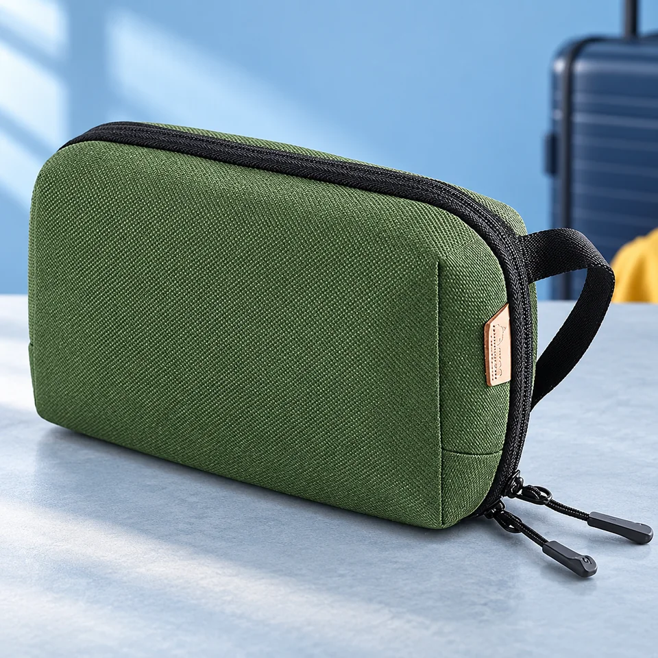 SIMTOP — pochette tech verte à compartiments déployables de SIMTOP, mise en situation dans un univers de voyage bleu-gris