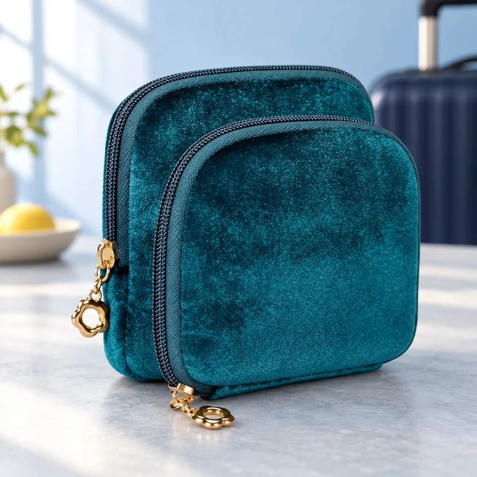 SITHON — pochette à bijoux deux en un sarcelle de SITHON, mise en situation dans un univers de voyage bleu-gris