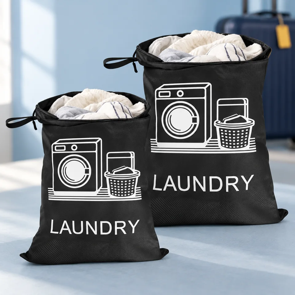 Staranry — deux sacs à linge zippés en deux tailles de Staranry, mise en situation dans un univers de voyage bleu-gris