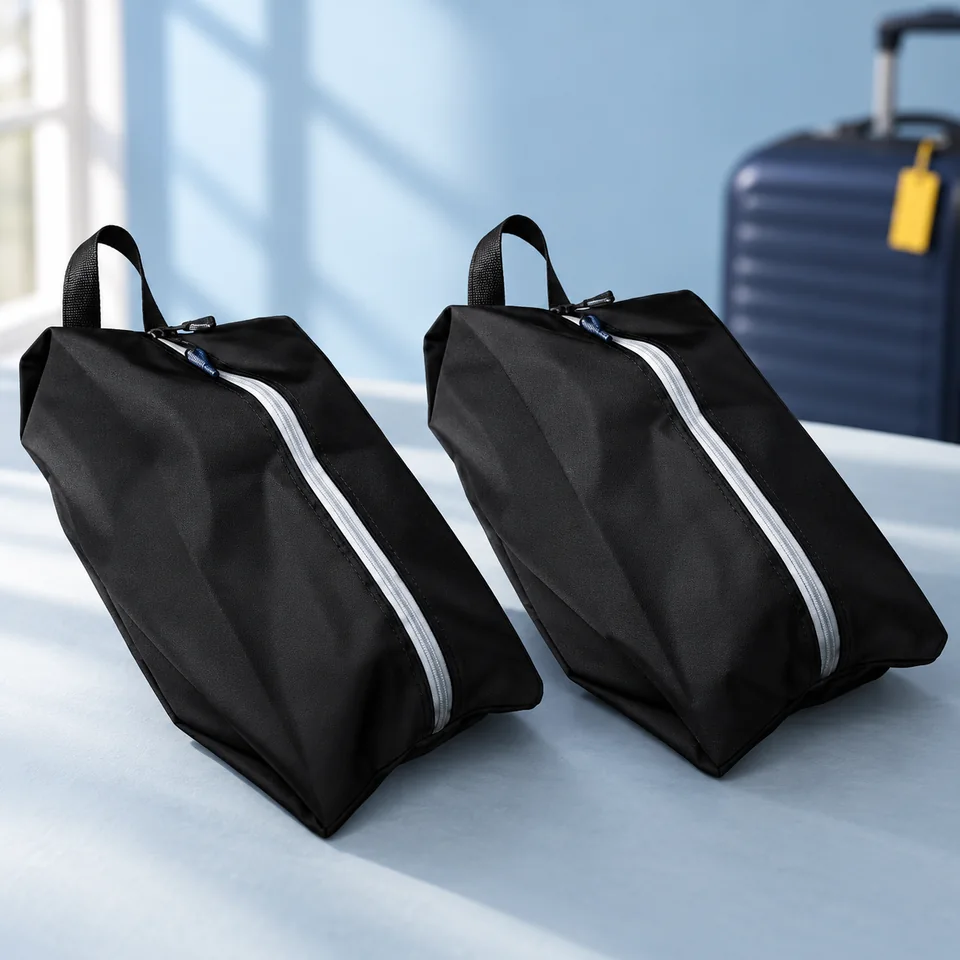 TRAVANDO — deux sacs à chaussures noirs de TRAVANDO, mise en situation dans un univers de voyage bleu-gris