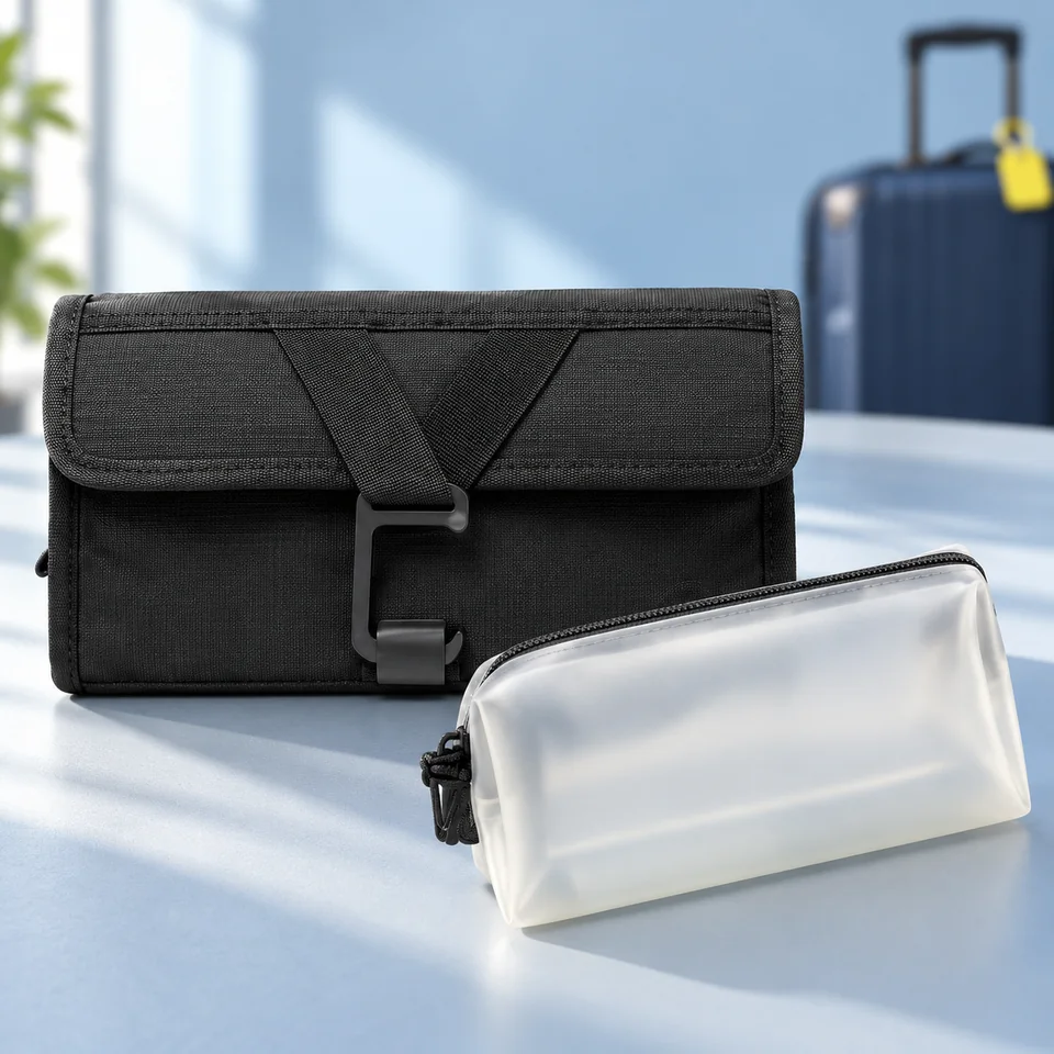 Travel Dude — trousse de toilette plate à suspendre de Travel Dude, mise en situation dans un univers de voyage bleu-gris