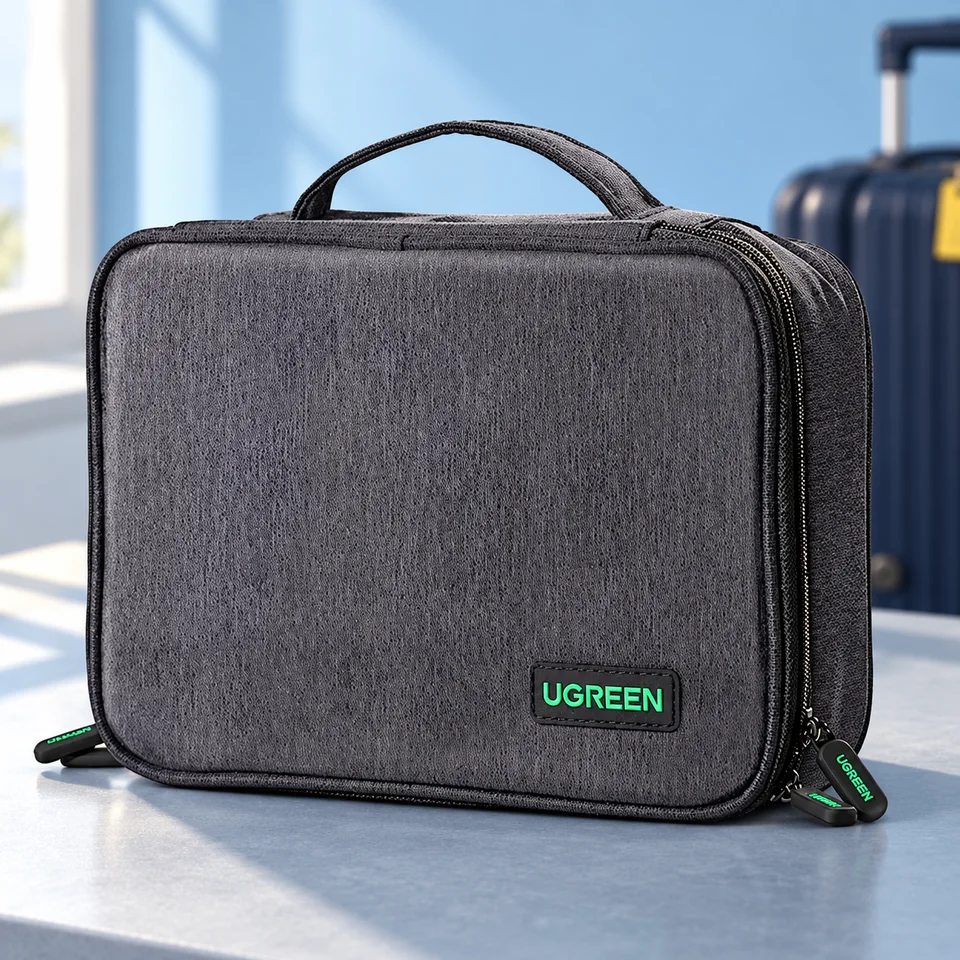 UGREEN — organisateur électronique à deux couches de UGREEN, mise en situation dans un univers de voyage bleu-gris