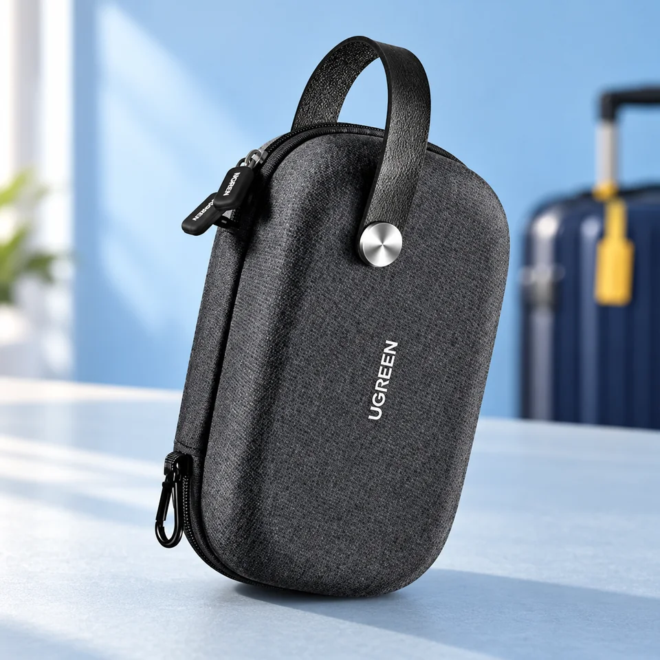 UGREEN — pochette compacte noire pour accessoires de UGREEN, mise en situation dans un univers de voyage bleu-gris