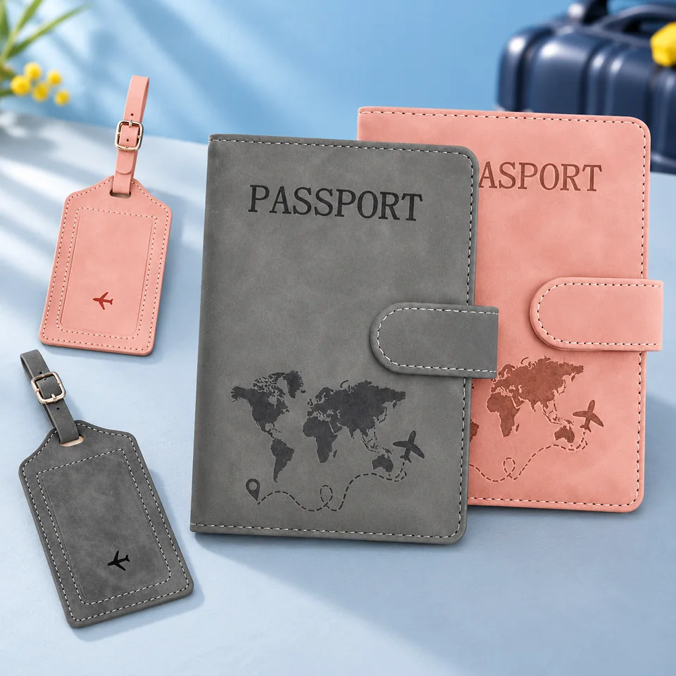 UptVin — deux protège-passeports avec étiquettes bagage de UptVin, mise en situation dans un univers de voyage bleu-gris