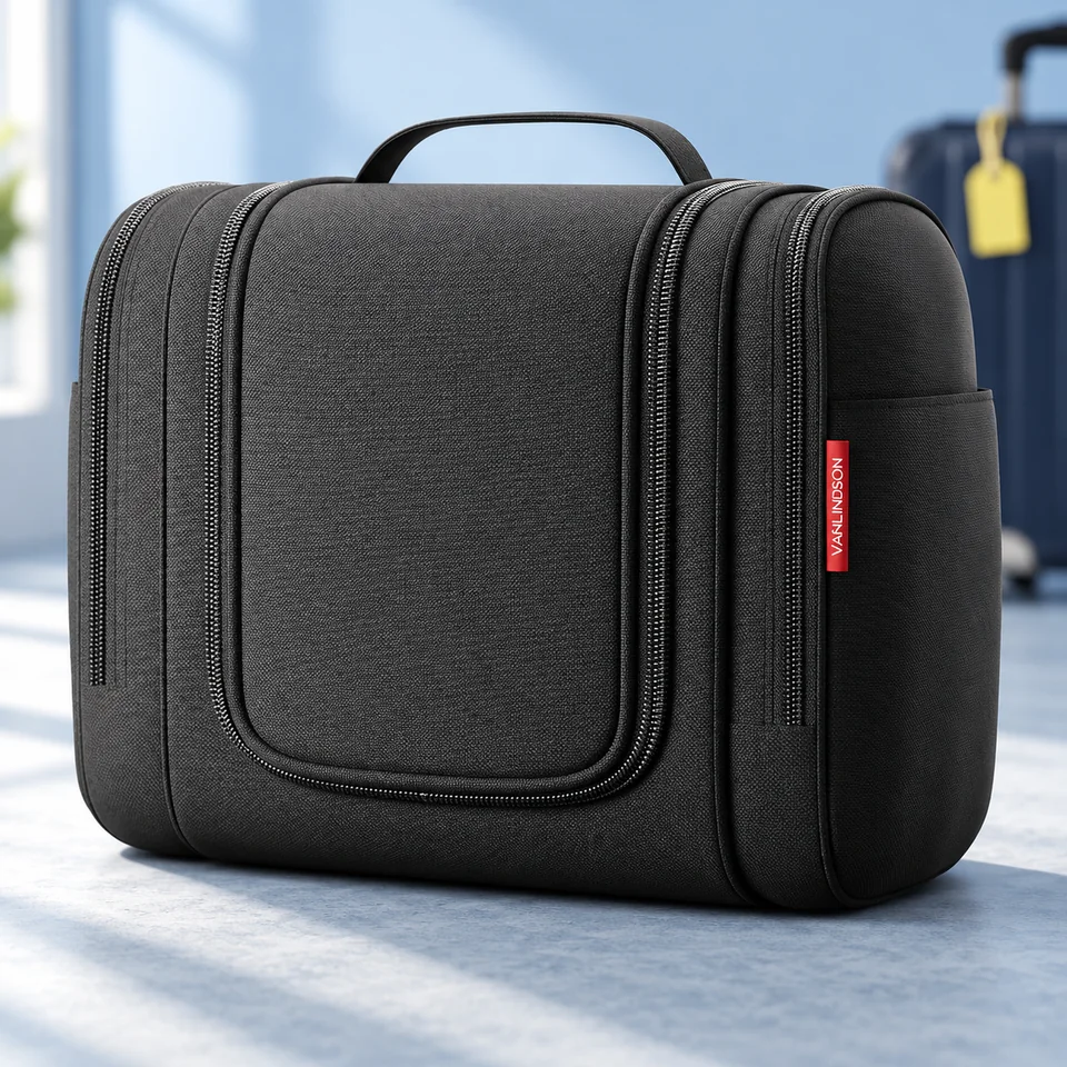 VanLindson — vanity suspendu XXL noir de 9 L de VanLindson, mise en situation dans un univers de voyage bleu-gris