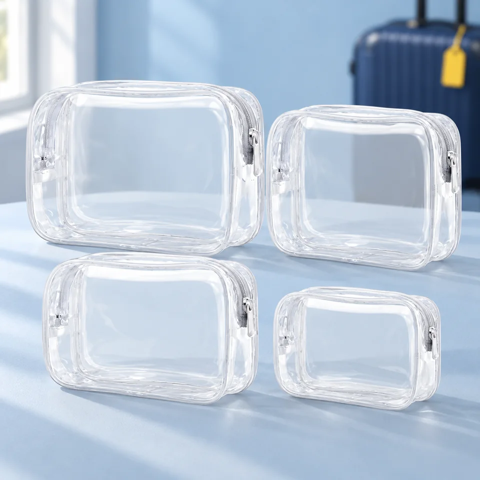 VEGCOO — quatre trousses transparentes en trois formats de VEGCOO, mise en situation dans un univers de voyage bleu-gris