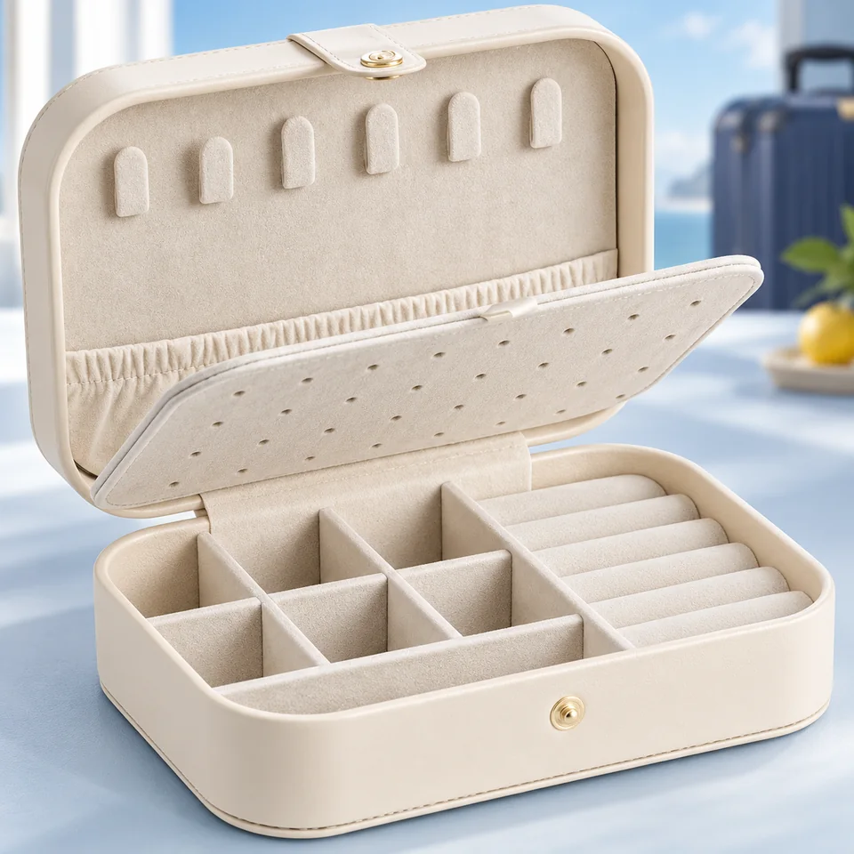 VLANDO — boîte à bijoux beige compartimentée de VLANDO, mise en situation dans un univers de voyage bleu-gris