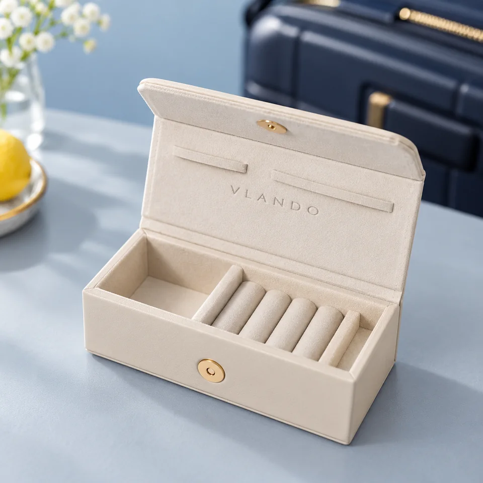 VLANDO — mini-boîte beige à trois compartiments de VLANDO, mise en situation dans un univers de voyage bleu-gris