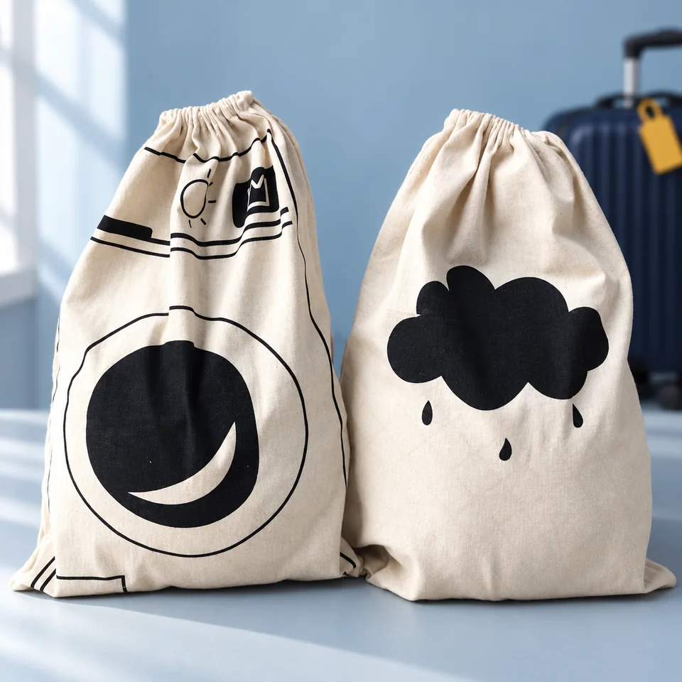 XINSUO — deux sacs à linge de 60 × 48 cm de XINSUO, mise en situation dans un univers de voyage bleu-gris